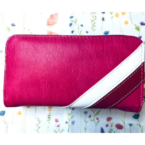 Pink Faux Leather Wallet Clutch Triple Zipper Compartments Wrist Strap Pink/Red - Picture 1 of 6